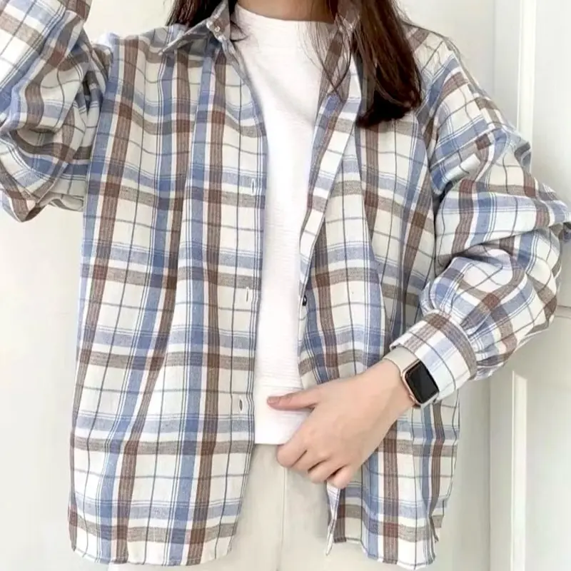 Kemeja Flanel Wanita Korea Oversize Atasan Formal Motif Kotak-kotak Tangan Panjang