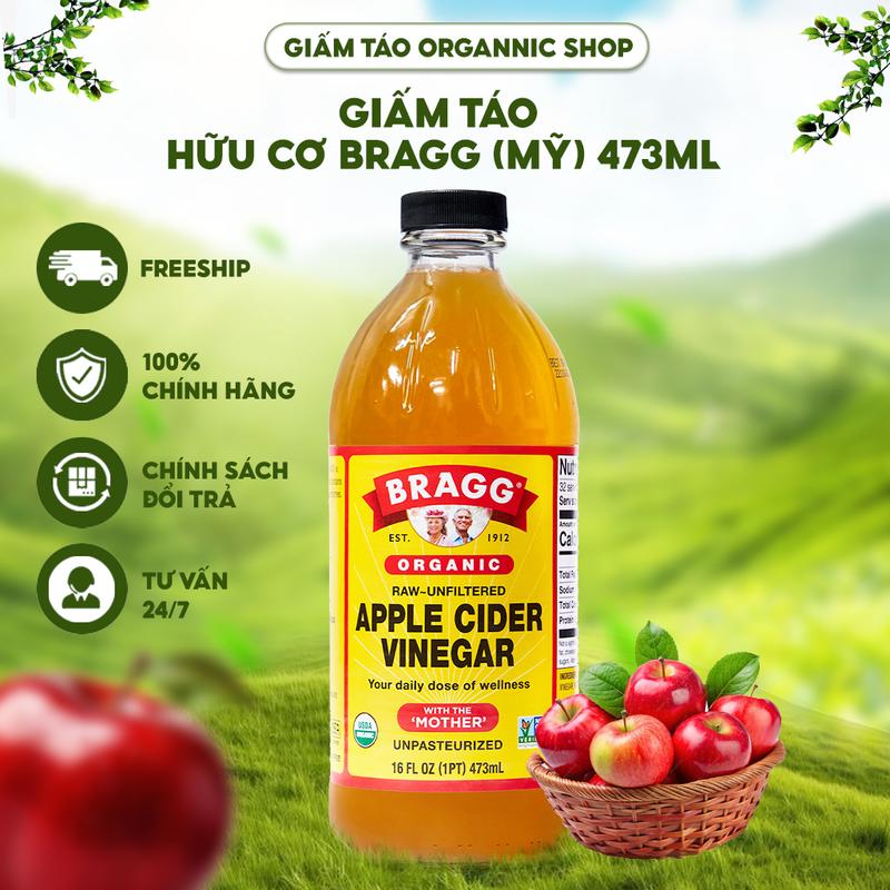 Giấm Táo Organic Shop | Giấm táo Hữu cơ Bragg (Mỹ) 473ml kèm Quà Ly đong và Ống hút sinh học an toàn khi dùng Giấm táo