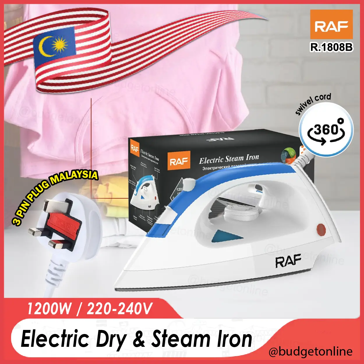RAF R.1808B Electric Steam Iron 1200W Adjustable Control Temperature Spray Steam Dry Function / Seterika Stim Baju