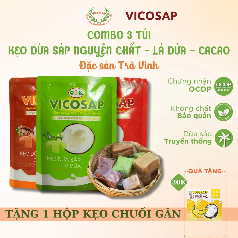 Combo 3 Kẹo dừa sáp VICOSAP vị cacao lá dứa nguyên chất kẹo mềm dẻo ít đường đặc sản Trà Vinh Ăn Vặt Snack Food
