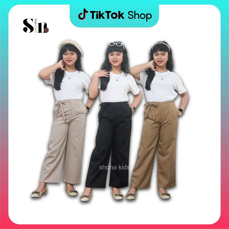 Shona - Celana Kulot Anak Perempuan Usia 7-15 Tahun Highwaist Pita Samping Panjang Katun Drill Casual Basic Loose Pants Terbaru 0