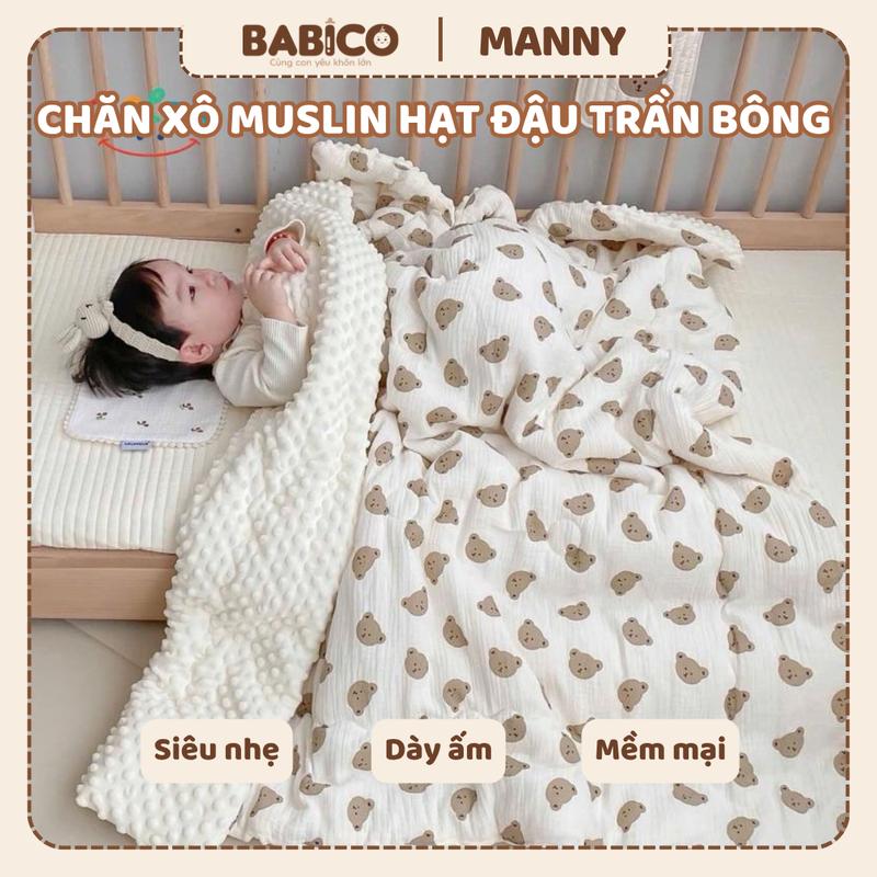  Chăn Xô Muslin Hạt Đậu Có Trần Bông Zeloo Manny Cao Cấp Chăn Đắp Thu Đông Ấm Áp Cho Bé KT 110cmx110cm 