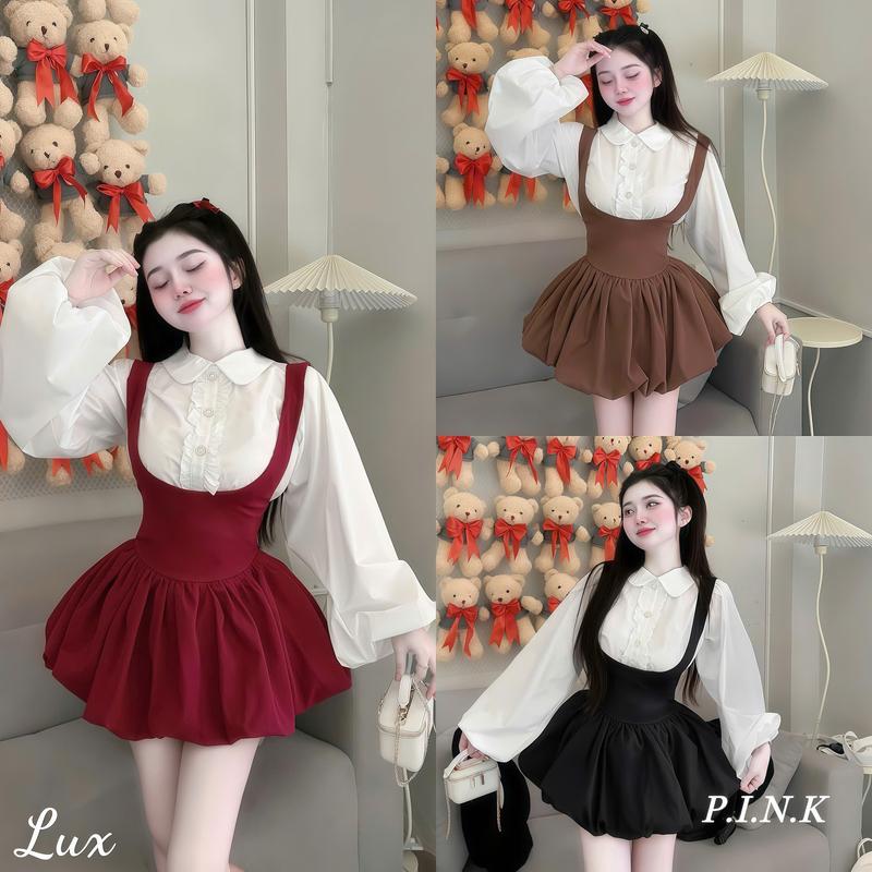 Set đồ nữ áo sơ mi tay phồng cổ sen viền bèo phối yếm bí cotton xinh xắn đáng yêu dễ thương phù hợp cho các nàng diện đi tiệc đi chơi