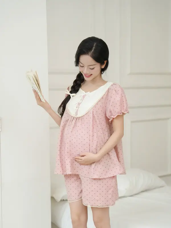 [L'AMME] Bộ mặc nhà bộ ngủ bầu ICY gồm áo cộc tay và quần đùi, thiết kể phối giả yếm với họa tiết kẻ trẻ trung, thanh lịch, chất liệu đũi nhẹ thoáng mát, có khóa kéo chìm tiện lợi cho mẹ bầu mặc sau sinh By L'amme 1