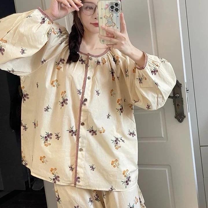 Form áo rất rộng Bộ ngủ đũi mây mềm cổ tròn babydoll Nho tím mặc nhà vintage Nữ Women tiểu thư