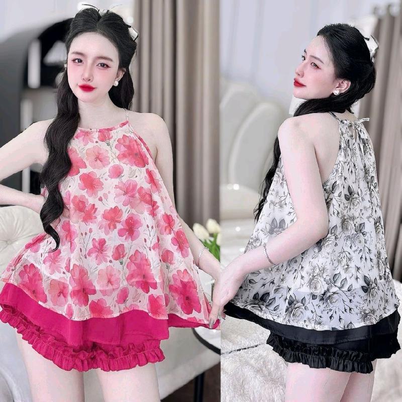 Đồ ngủ nữ bigsize dưới 65kg Áo Yếm 2 dây quần đùi viền bèo - Lụa Latin và Voan mềm đẹp mặc mát - Set Đồ Bộ Nữ Mặc Nhà Xinh Xắn Freesize 45kg đến 65kg chất liệu lụa Latin và voan 2 lớp mềm mịn không nhăn không phai màu phù hợp cho mặc nhà hoặc đi chơi