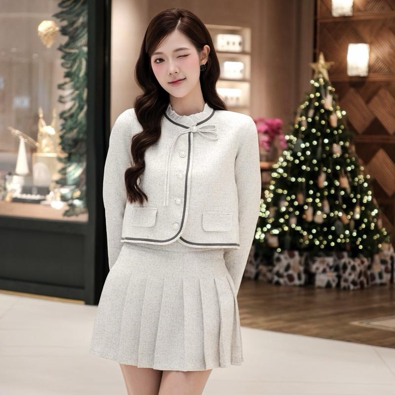  Set áo khoác tweed nữ phối nơ + Váy xếp ly kiểu Hàn Quốc thanh lịch trẻ trung hb.closet S40 