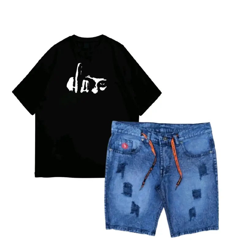 Setelan kaos distro motif HATE YOU dan celana jeans sobek pendek 2