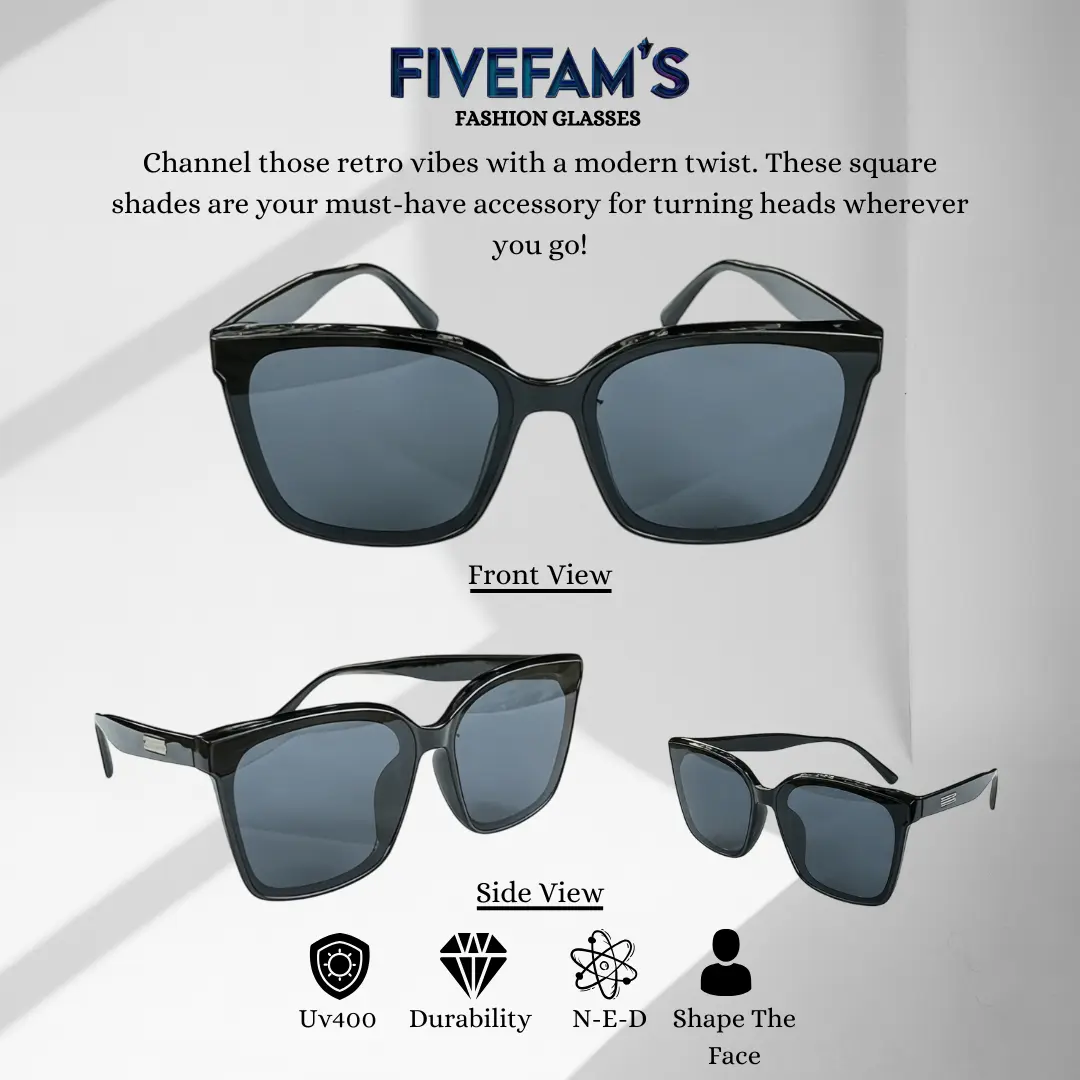 FIVEFAM'S - Kacamata Hitam Square Black Frame Sunglasses Lensa UV400  - Eyewear Square Retro Vintage Unisex