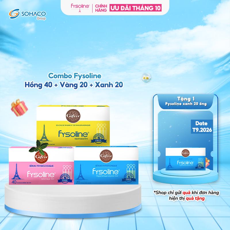 Combo nước muối sinh lý Fysoline Hồng 40 ống + Vàng 20 ống (Date T9/2026) + Xanh 20  ống (Date T9/2026) vệ sinh mắt, mũi, miệng