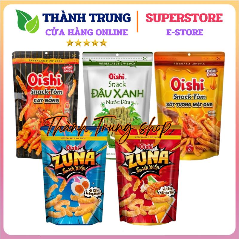 COMBO 6 Snack Oishi 65g Tôm Cay Nồng - Tôm Sốt tương mật ong - Đậu xanh nước cốt dừa - Zuna xoắn