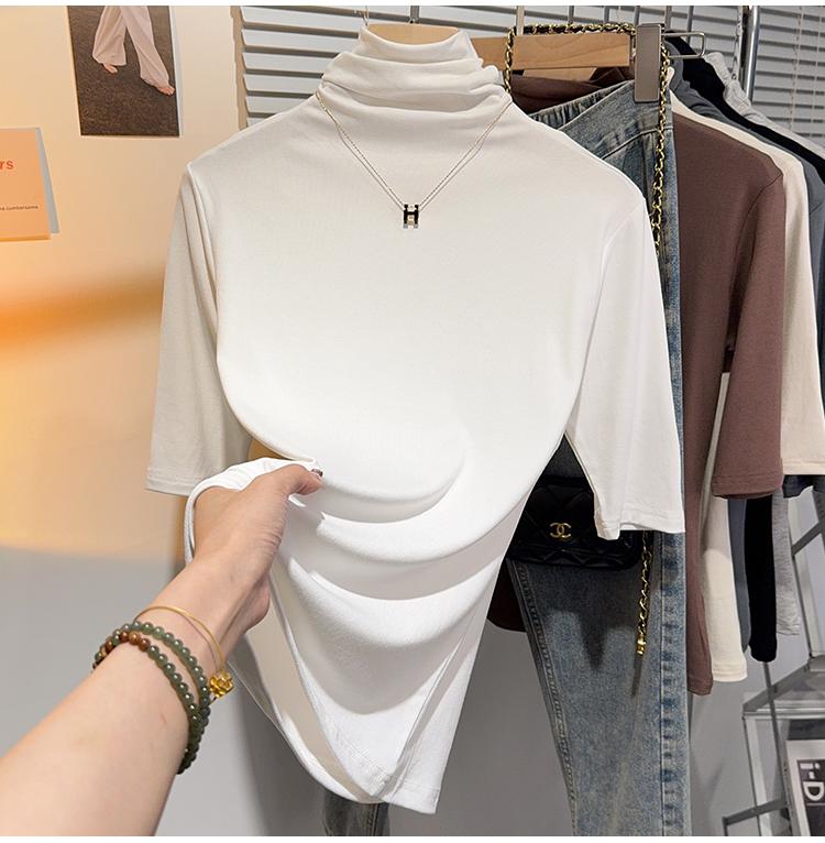 Product Introduction of Shoulder-length black half-high neck mid-sleeve t-shirt women's pre-fall 2024 undershirt with five-quarter sleeve top 4