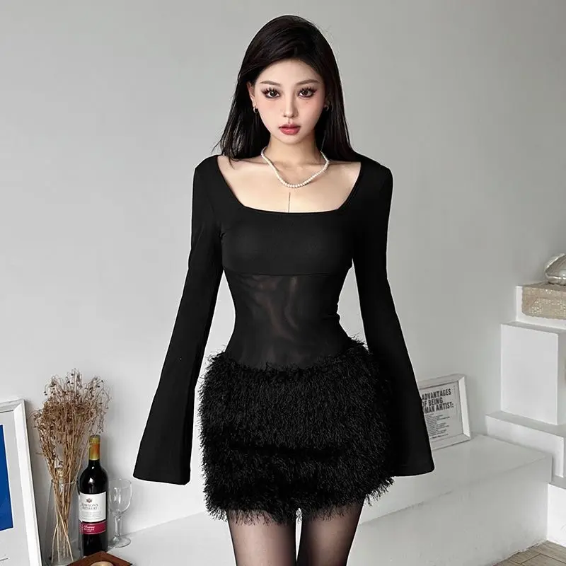 Váy Khối Màu Đen Cổ Vuông, Phong Cách Cô Gái Nóng Bỏng Quyến Rũ, Bó Sát Vừa Vặn, Khâu Lông Thú, Thiết Kế Nhún Eo 5