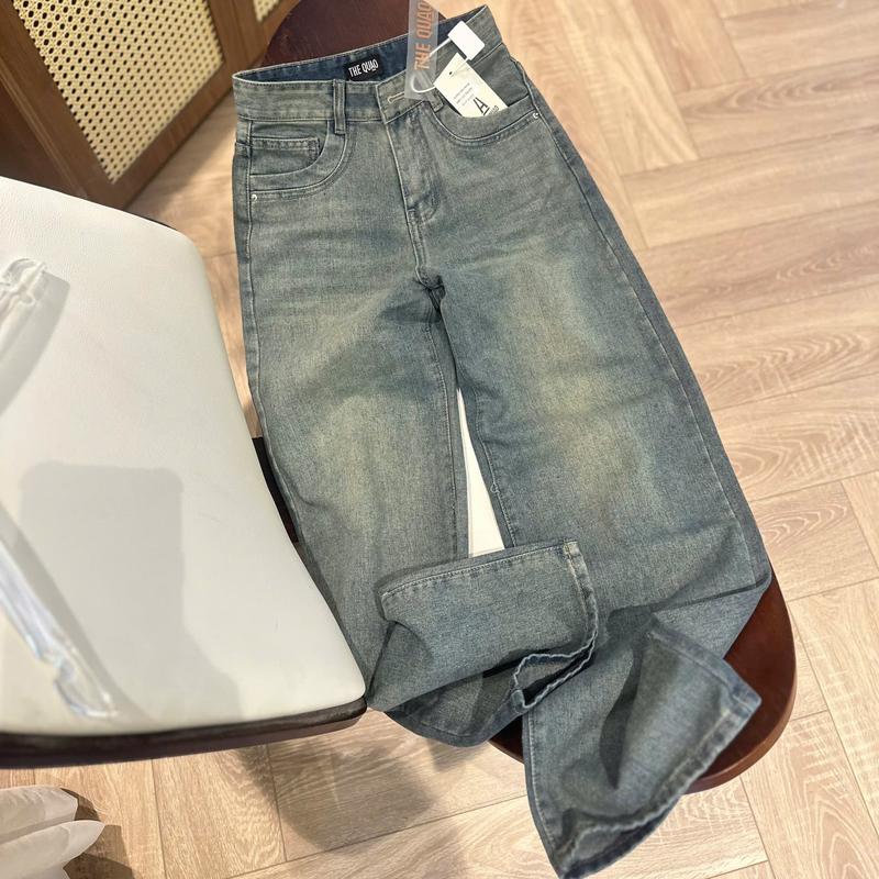 THE QUAO - Quần Jean Nữ Lưng Cao Ống Suông Rộng Màu Xanh Đậm vừa Viền Túi   Bụi Vàng ít S0206_674