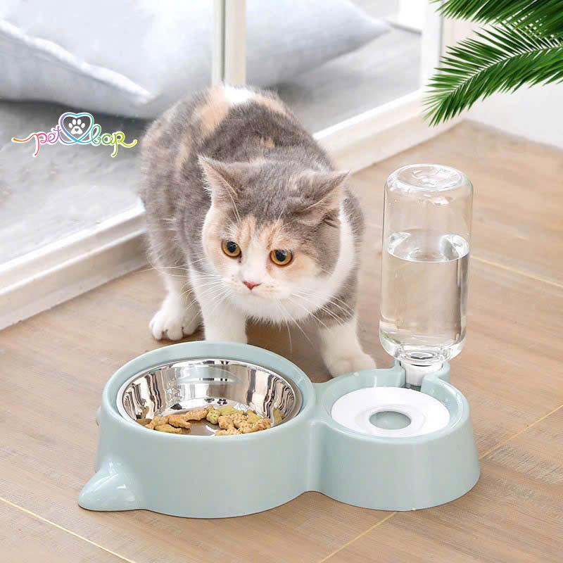 Bát ăn đôi kèm bình kèm bình nước cho chó mèo – Chén ăn kèm cấp nước tự động cho chó mèo dễ tháo lắp nhiều màu