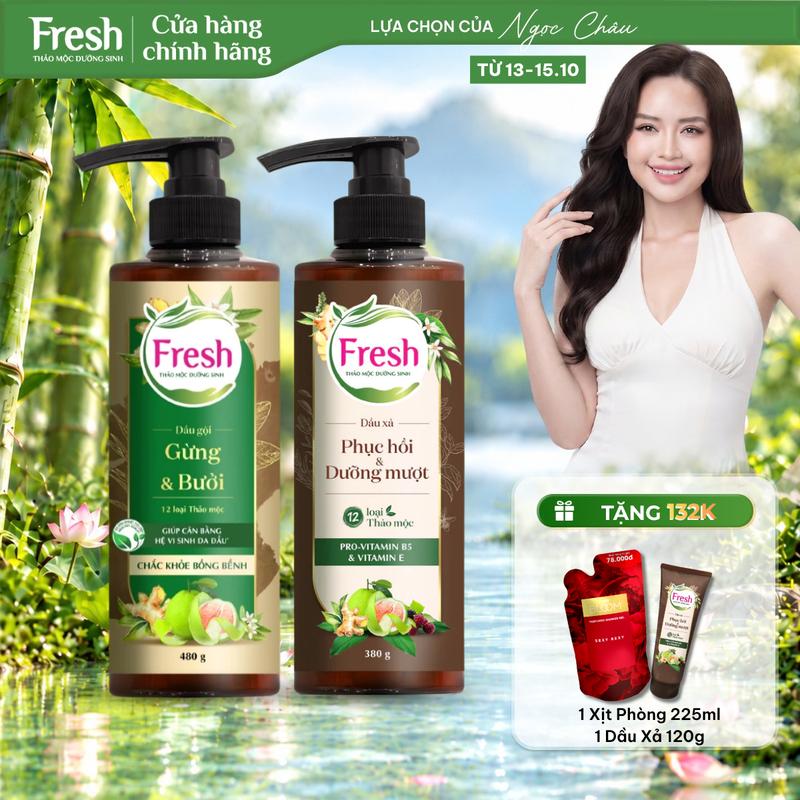Combo Dầu Gội FRESH Thảo Mộc Dưỡng Sinh Chắc Khỏe, Bồng Bềnh 480g Và Dầu Xả Dưỡng Tóc Mềm Mượt 380g