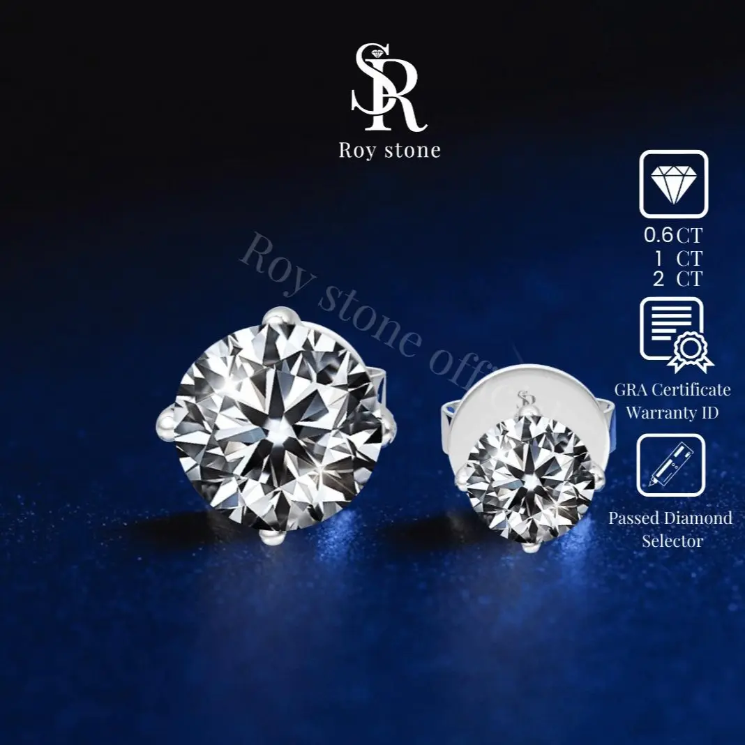 RoyStone - Anting Moissanite Original Wanita Sertifikat GRA Perhiasan Silver Asli Lapis Emas Putih 18K Anti Karat Desain Simpel Elegan Wedding Engagement Earring Birthday Gift_ Simple Stud Earrings - LIVE