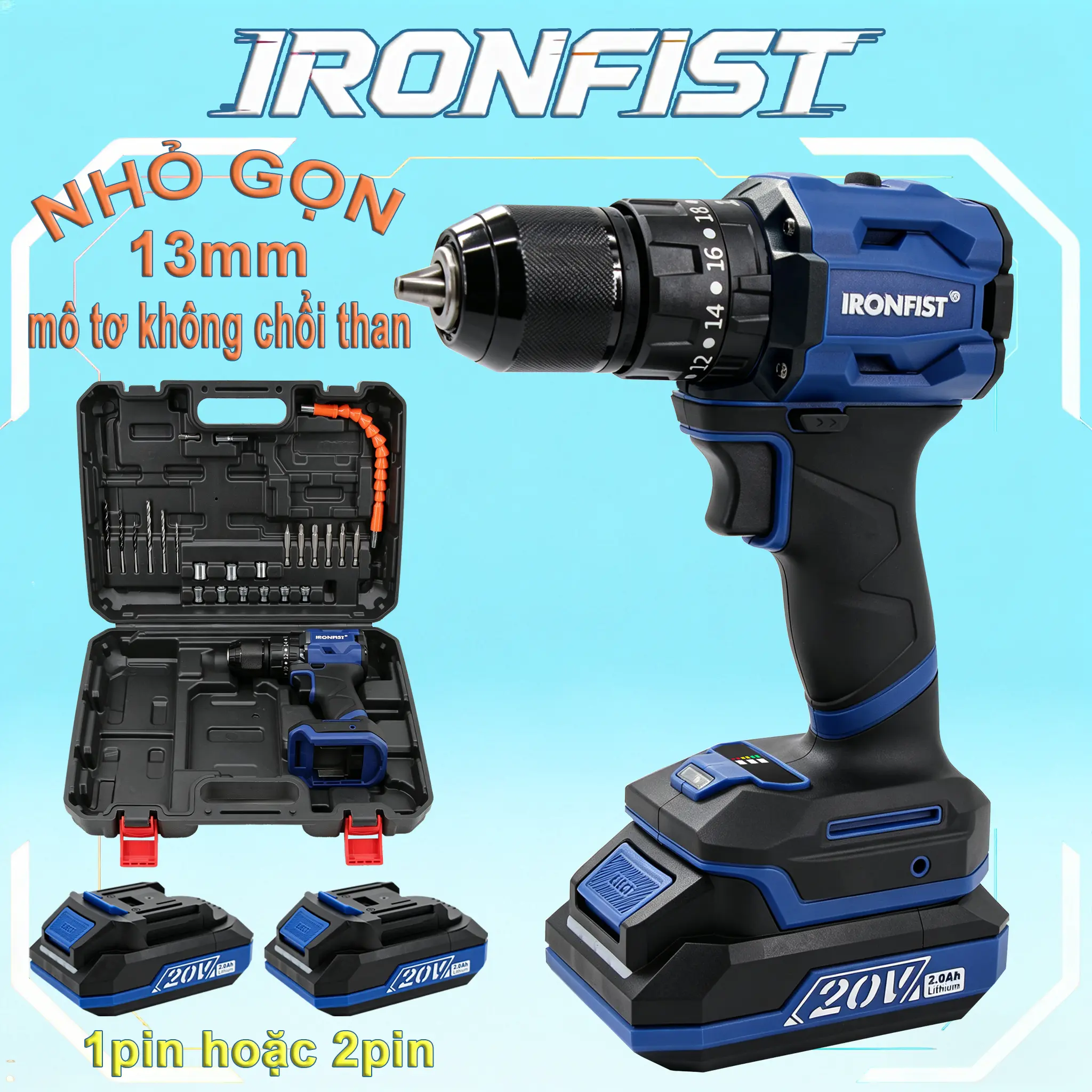 【Mới】IRONFIST Máy khoan không dây, 13mm Mô tơ không chổi than, 60NM, 1/2" Chuck, Dạng nhỏ gọn, Bộ dụng cụ