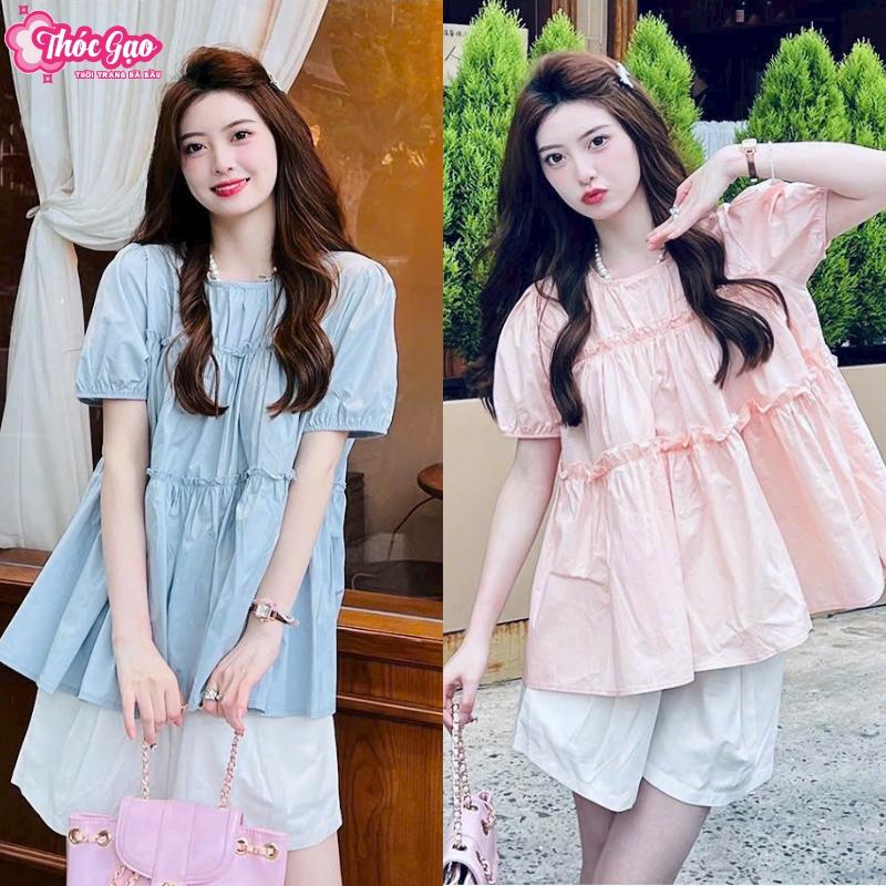 Áo bầu cộc tay áo bầu baby doll áo bầu mùa hè tay bồng áo kiểu nữ dáng bèo xinh chất đũi gân mềm mịn phong cách Hàn Quốc