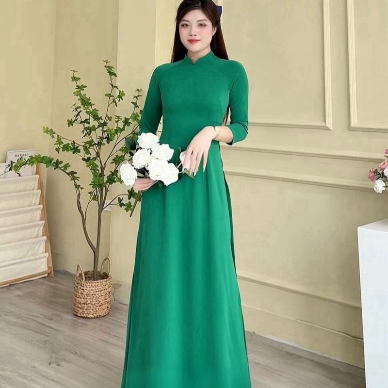 [TAY LỠ - SẴN HÀNG ] Bộ Áo dài trơn 2 tà màu xanh lá chất lụa Mỹ mềm mịn co giãn thoải mái Women Dress - Áo Dài Nhà Anne 4