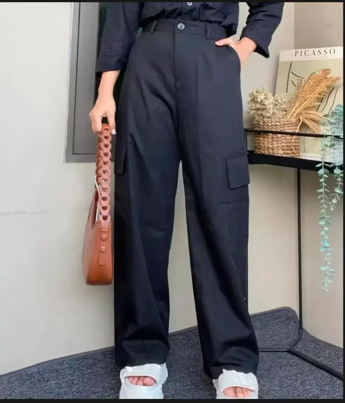 Celana Kargo Wanita Katun Twill Stretch Jumbo Big Size - Hitam Combed Kain Karet Panjang Standar Tebal Kerja Basic Kancing Kantor Oversize Baggy Linen Fit Melar Nyaman 4