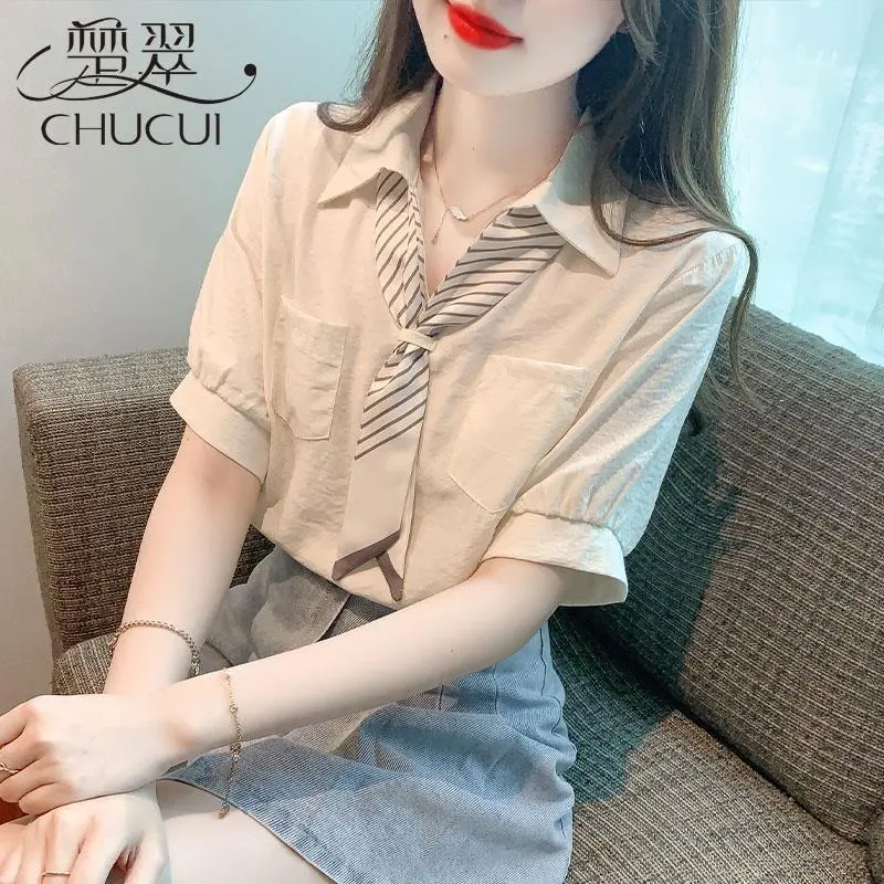 Áo Sơ Mi Ngắn Tay, Cổ Polo, Chất Liệu Voan Cao Cấp, Phong Cách Thanh Niên, Áo Sang Trọng, Dành Cho Nữ, Phong Cách Phương Tây, Thiết Kế Đẹp