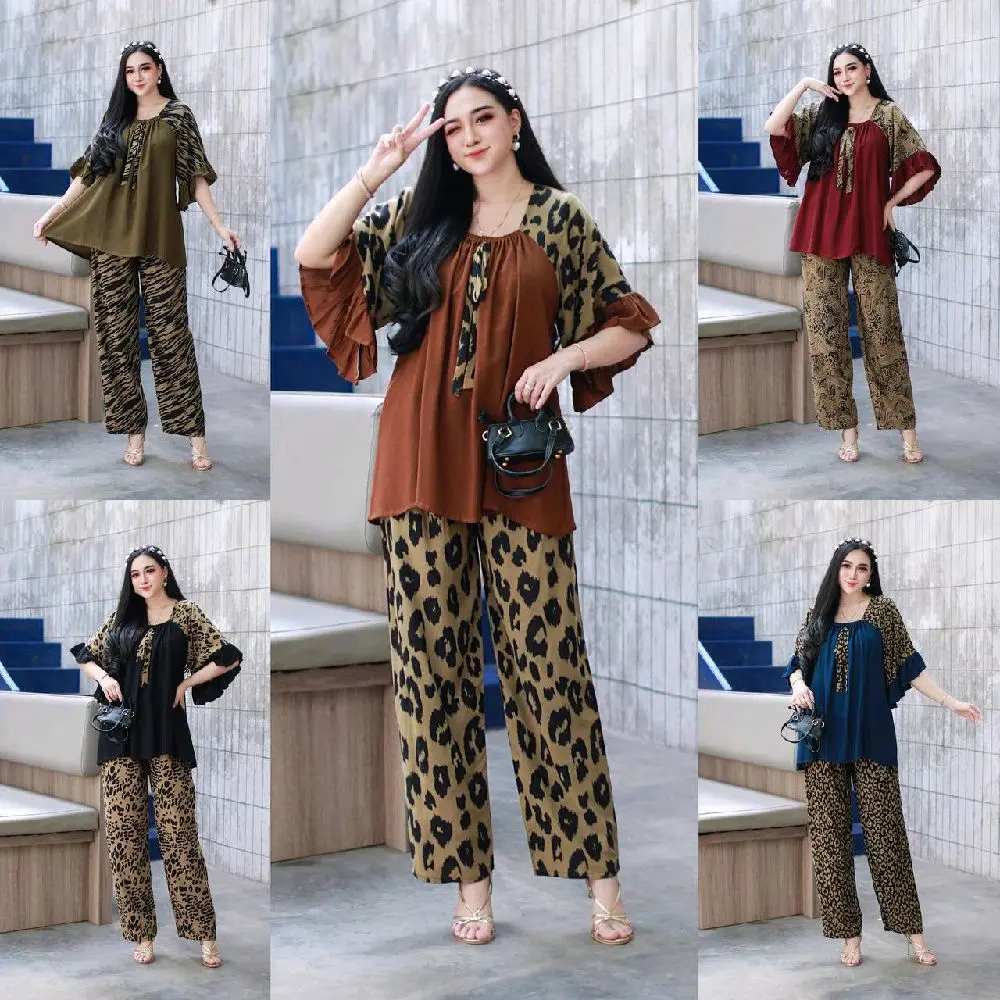 setelan lisa terbaru mewah kekinian, setelan fuji motif kombinasi leopard , model kerut busui ld 115 bahan rayon premium tebal dan halus Wanita Baju