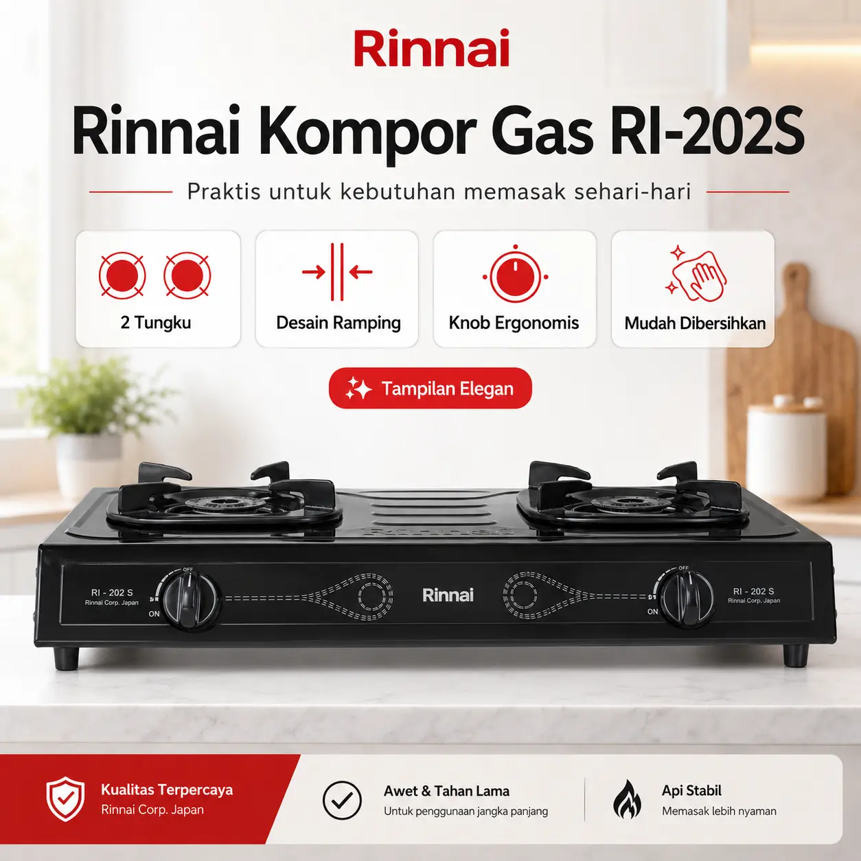 Rinnai RI 202S Kompor Gas 2 Tungku Stainless Steel Original Garansi Resmi Api Biru Hemat Gas Low Pressure Kompor Meja Rinnai Anti Karat Kuat Awet Mudah Dibersihkan Kompor Gas Dapur Rumah Tangga