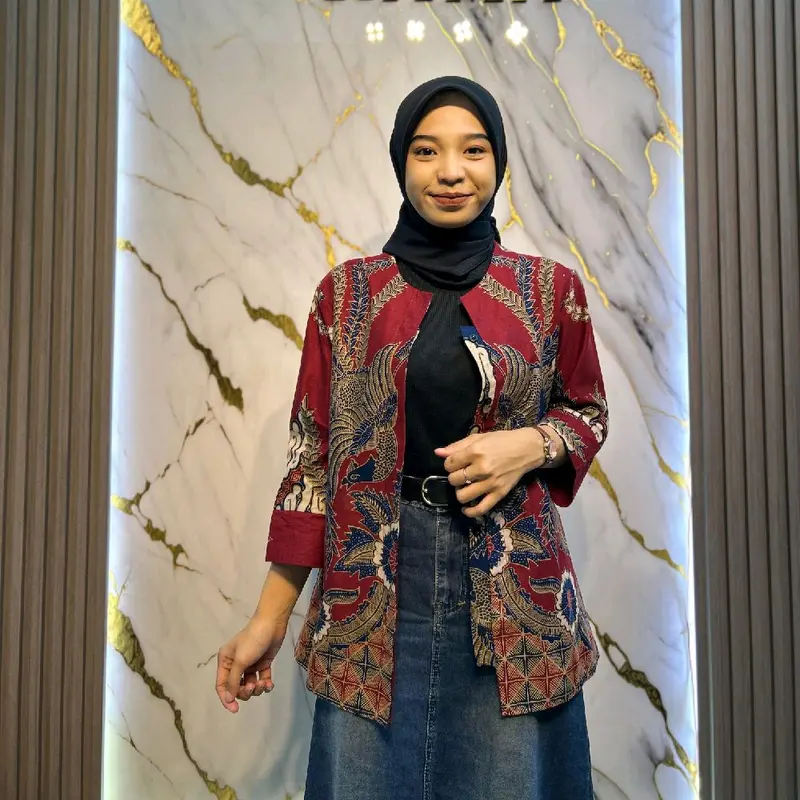 Blouse Batik BURUNG KEMBAR maroon model kancing depan full kancing lengan 7/8 By Batik Rama 2