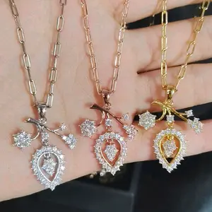 Titanium88 Kalung Dan Liontin Motif Daun Finna Full Mata Lapis Emas Wanita Bronze Imitasi KL5