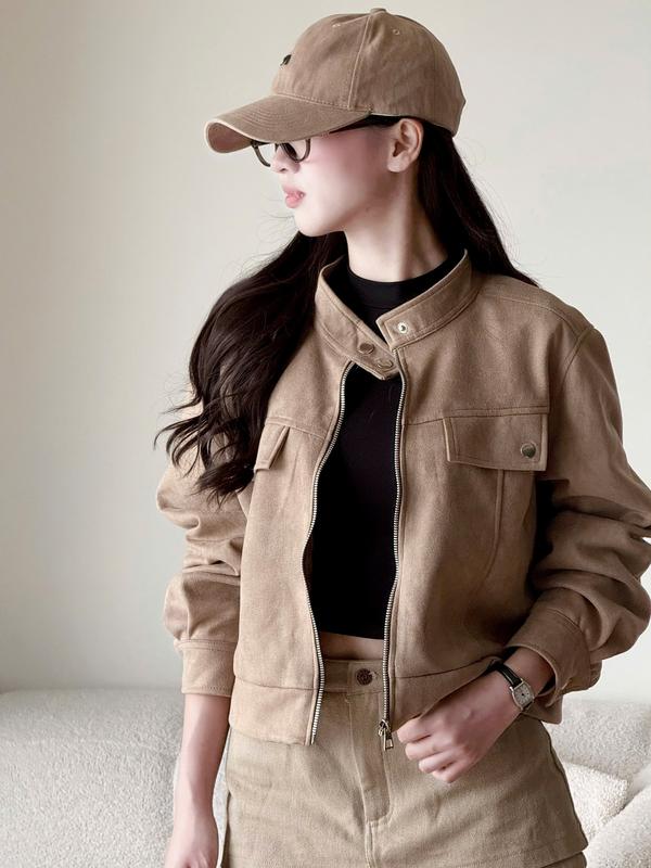 Áo khoác da lộn cổ tàu dáng lửng Miho House