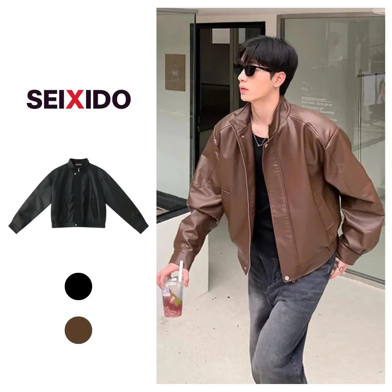 Áo Khoác da dài tay cổ bẻ SEIXIDO Leather Jacket Màu Nâu & Đen Phong cách thời trang dáng BOXY N029
