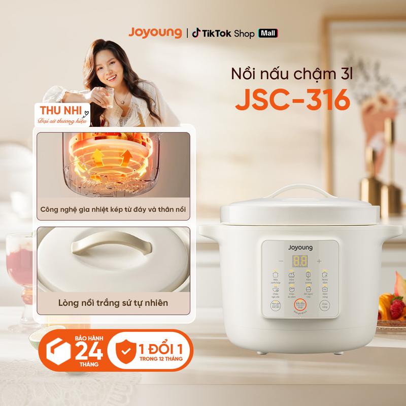  Joyoung Nồi Nấu Chậm JSC-316 3L Công Suất 400W 8 Chế Độ Nấu Đa Dạng Lòng Nồi Sứ Trắng Dày 6mm Hẹn Giờ Thông Minh 24H 