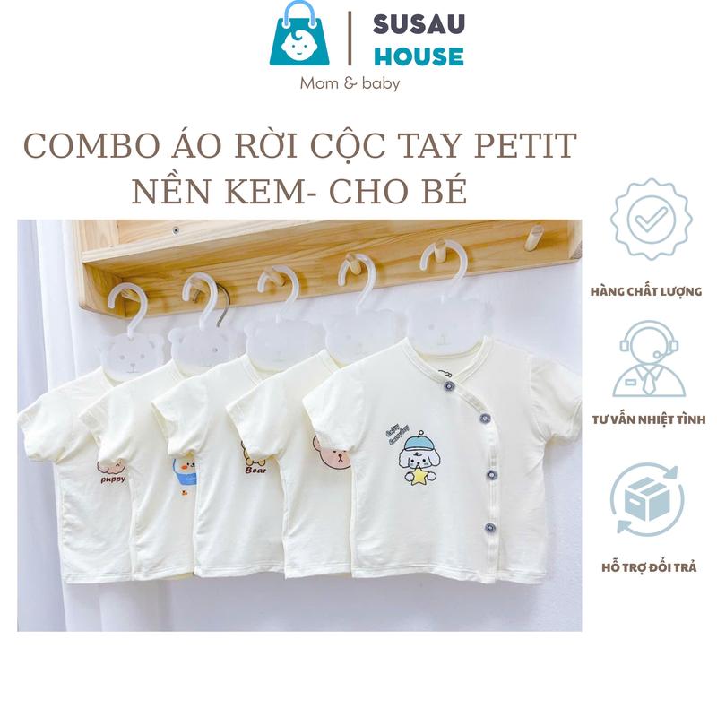 Combo 3- 5 áo cộc tay vải petit sợi tre nền Kem HQ siêu mềm mát cho bé 3-9kg