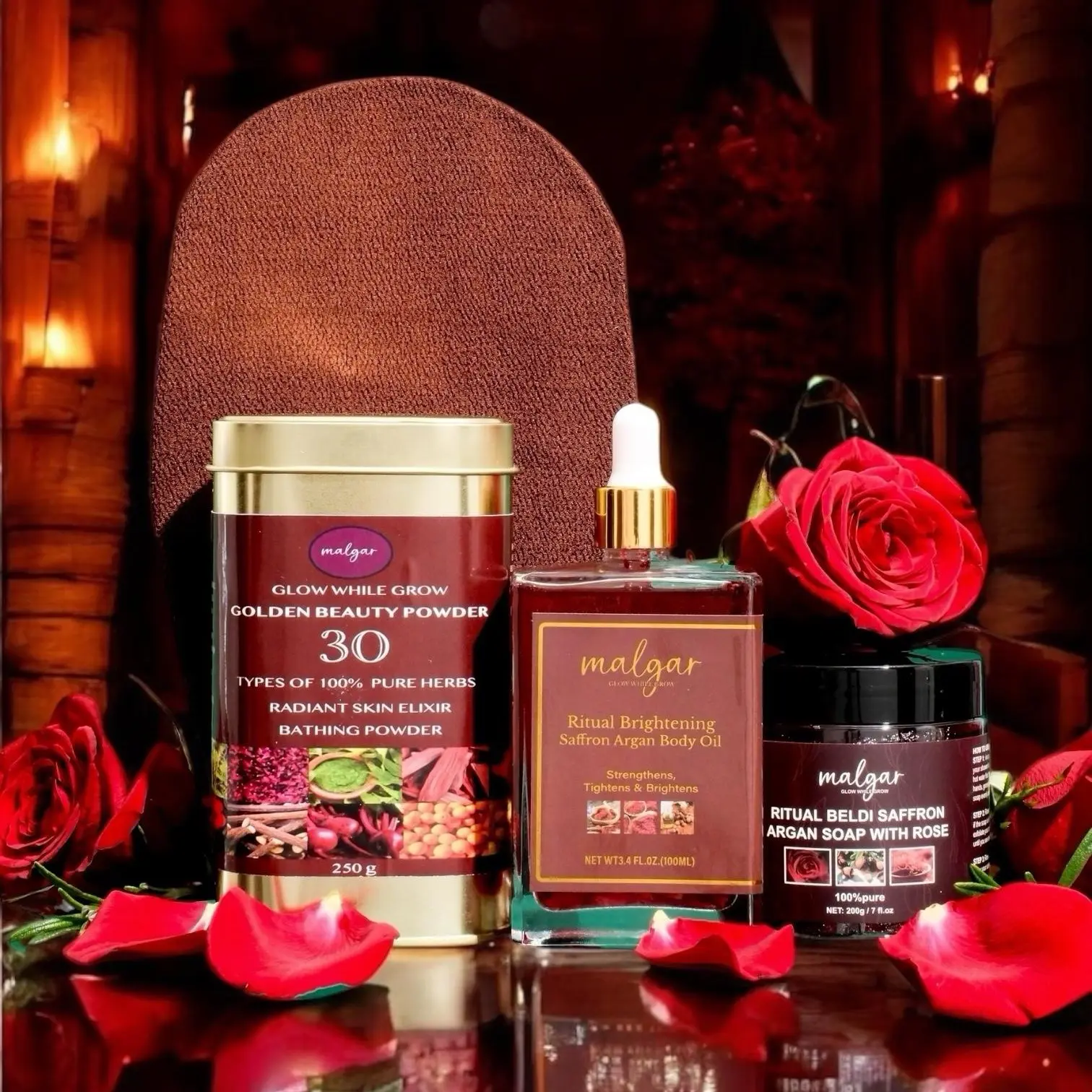 CLEOPATRA HAMMAM - SAFFRON ROSE ARGAN BASE ( Malgar’s Cleopatra saffron hammam helps cellular turnover, rejuvenation, skin hydration, improved skin elasticity, treat shaving bumps, smoother and younger looking, strengthen and firm the skin
