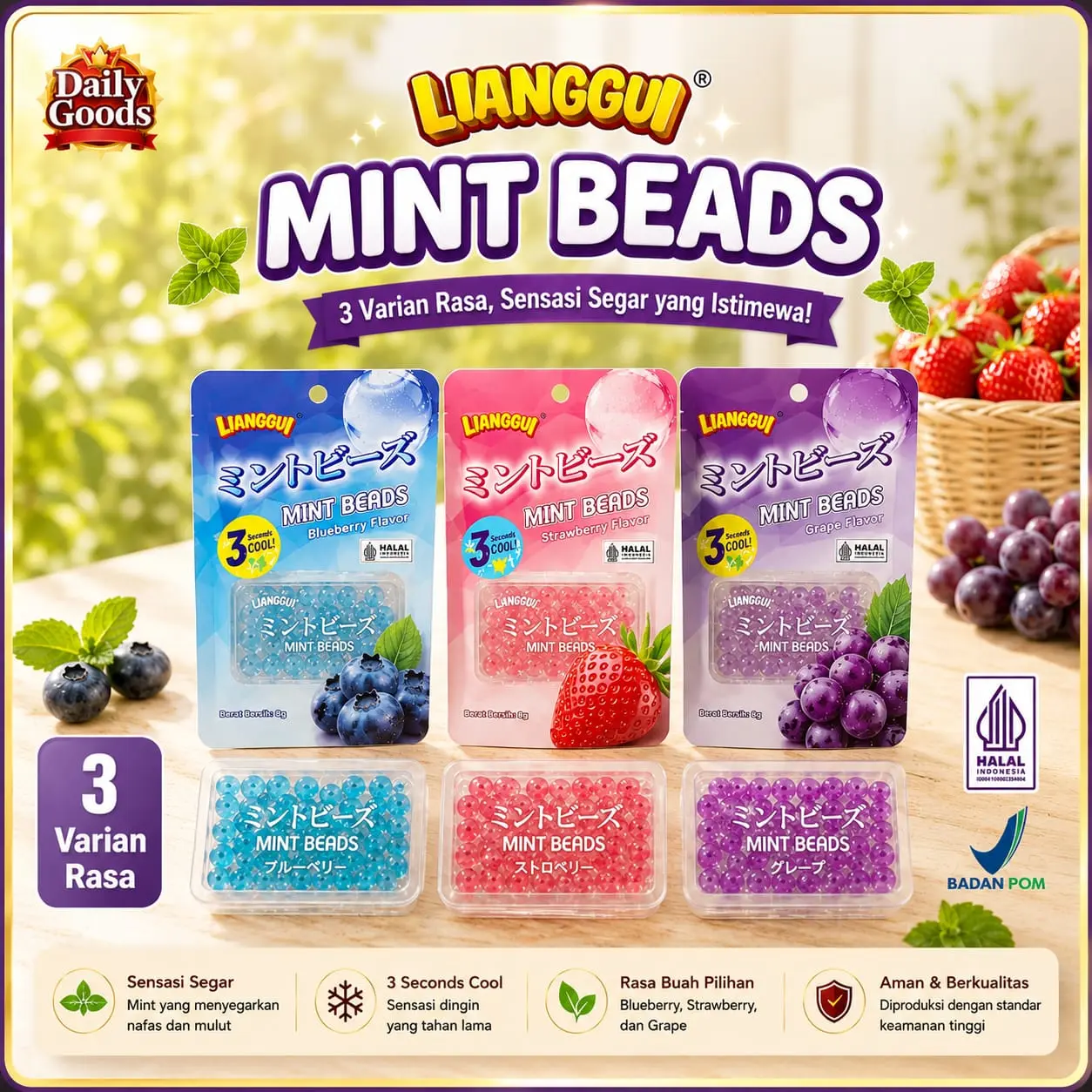 Permen Mint Mutiara Segar Nafas Halal - Camilan Snack 3 Varian Rasa Anggur Strawberry Blueberi