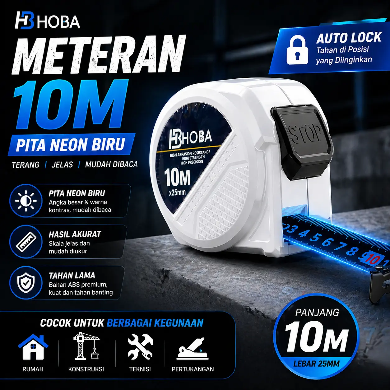 5/10M Fluoresensi biru Meteran Pita Pengukur Baja Metro Pita Pengukur Kunci Otomatis Fluoresensi Alat Ukur