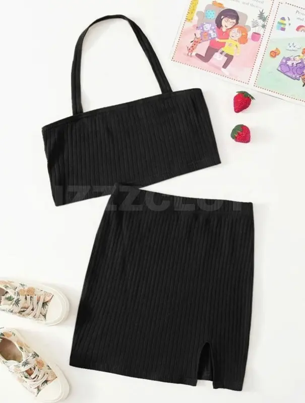 SETELAN ANAK PEREMPUAN RIB KNIT HALTER TOP & SPLIT HEM SKIRT USIA 1-5tahun BAJU ANAK PEREMPUAN 4