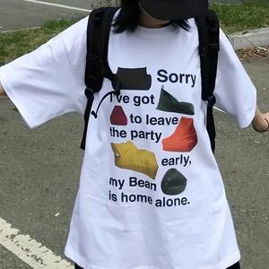 女性用半袖Tシャツ、アメリカントレンド英字プリントラウンドネック、ゆったり、純綿カジュアルトップス、ラウンドネック、ショルダーベルト、ゆったりシルエット、通気性、肩落ちデザインプリントTシャツ夏のゆったりタイプ