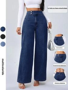 Jeans de pierna ancha y cintura alta para mujer, estilo vintage, con cintura elástica, color liso, ropa casual de moda, diseño cómodo y elegante