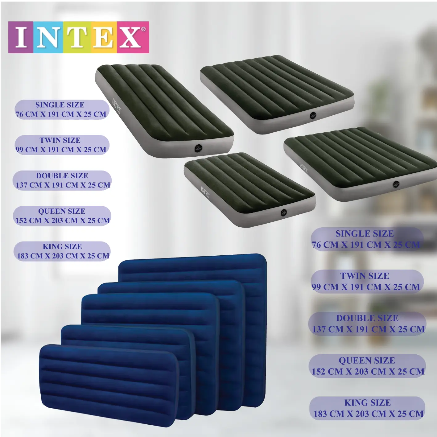 [LEM] ORIGINAL INTEX Air Bed Full Sizes Inflatable Flocked Air Bed / Air Mattress Single,Twin,Double,Queen,King With 2-in-1 Valve Tilam Angin New Furniture