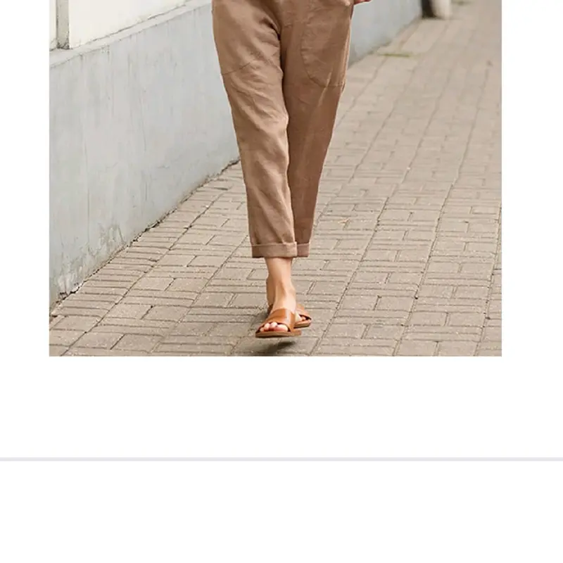 celana 7/8 santai bahan katun linen impor,pinggang karet celanakulot Coklat Kaki Coklat Kaki baju  harian Abu Putih Wanita Hitam Biru 2