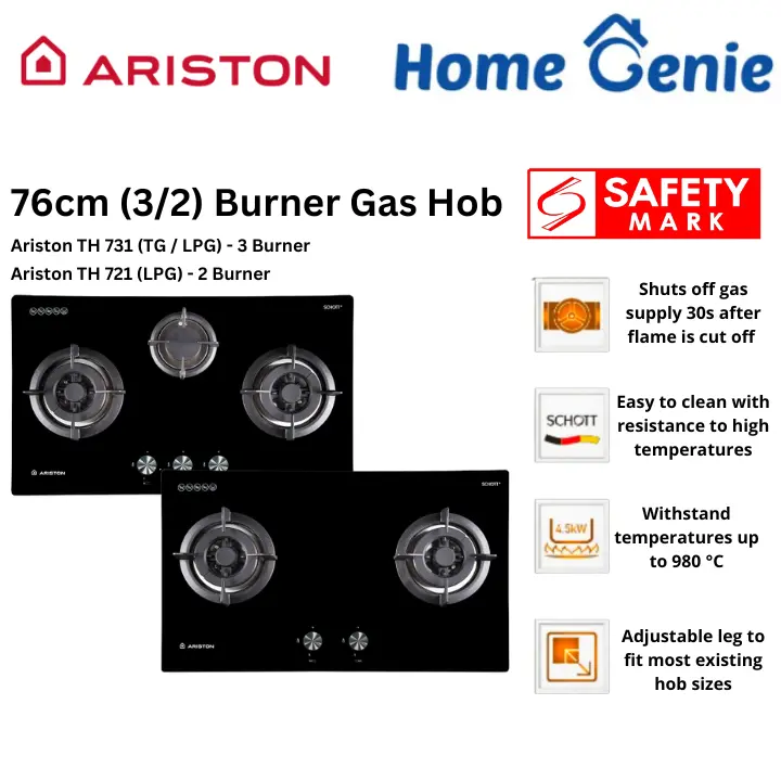 Ariston 76cm 3 Burner (TH 731 TG/LPG) / 2 Burner (TH 731 LPG) Black Schott Glass Auto Shut Off Kitchen Hob