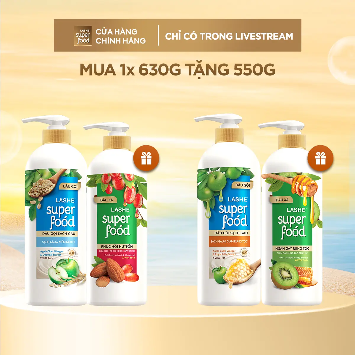 Combo Dầu Gội LASHE SUPERFOOD Sạch Gàu 630G + Tặng Dầu Xả LASHE SUPERFOOD 550G