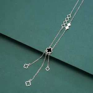 Kalung titanium bunga Clover juntai bolong anti karat & anti luntur