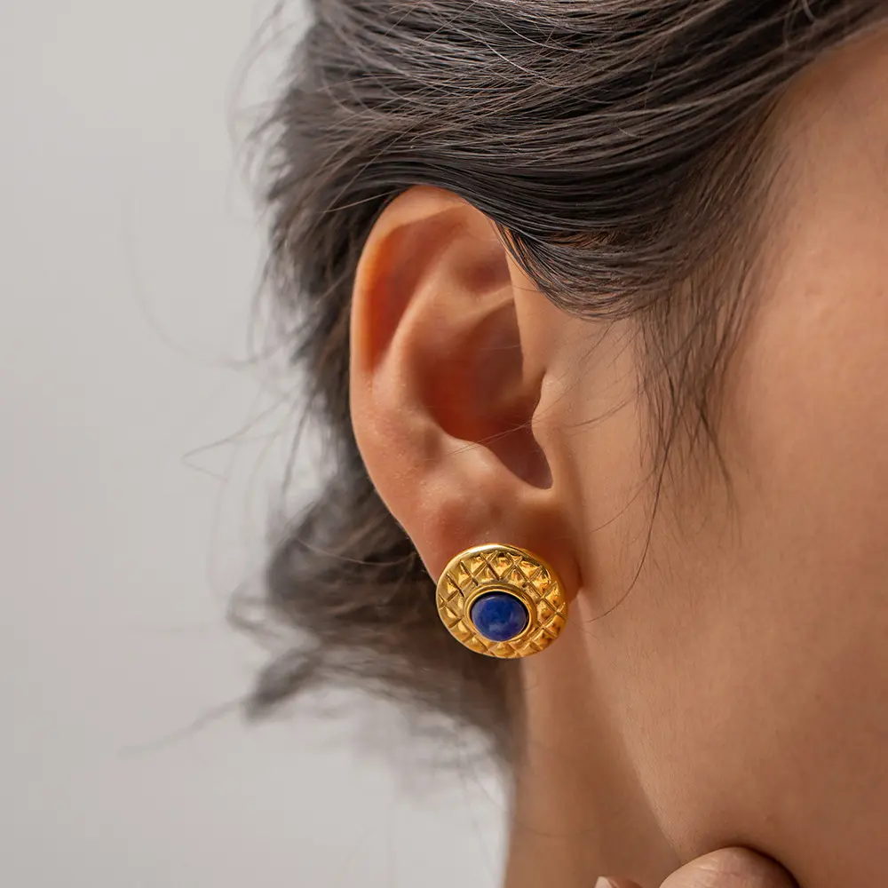 European and American New Ins Style Stainless Steel Plaid Inlaid Earrings Advanced Trendy Fashion Joker Earrings