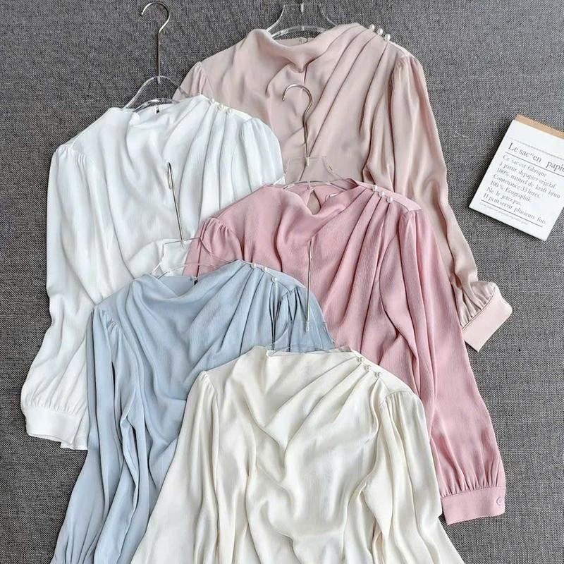 Áo Sơ Mi Lụa Vân Cổ Leo Xếp Ly Vai 3 Khuy Ngọc Lala Fashion Mã 2432