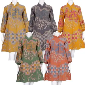 Tunik Wanita Batik Palupi Daun SMLXLXXLXXXL Berkerah Kancing Depan Formal Katun