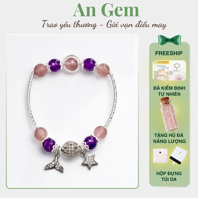Vòng tay đá An Gem đá TA tím- dâu hồng mix charm may mắn phụ kiện Bracelet đeo tay nữ quà tặng sinh nhật giáng sinh Noel Tết Valentine [TẶNG HŨ ĐÁ NĂNG LƯỢNG]