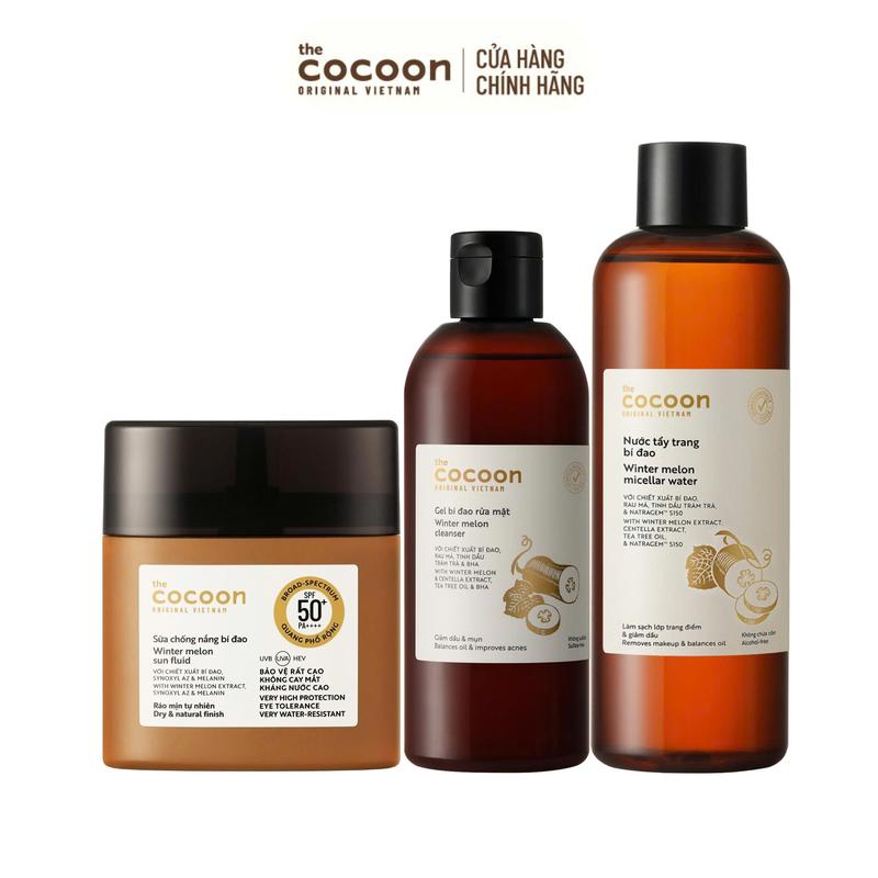 COMBO 1 Bigsize - Nước tẩy trang bí đao Cocoon tẩy sạch makeup & giảm dầu 500ml + 1 Bigsize Gel bí đao rửa mặt 310ml + 1 Sữa chống nắng bí đao 50ml